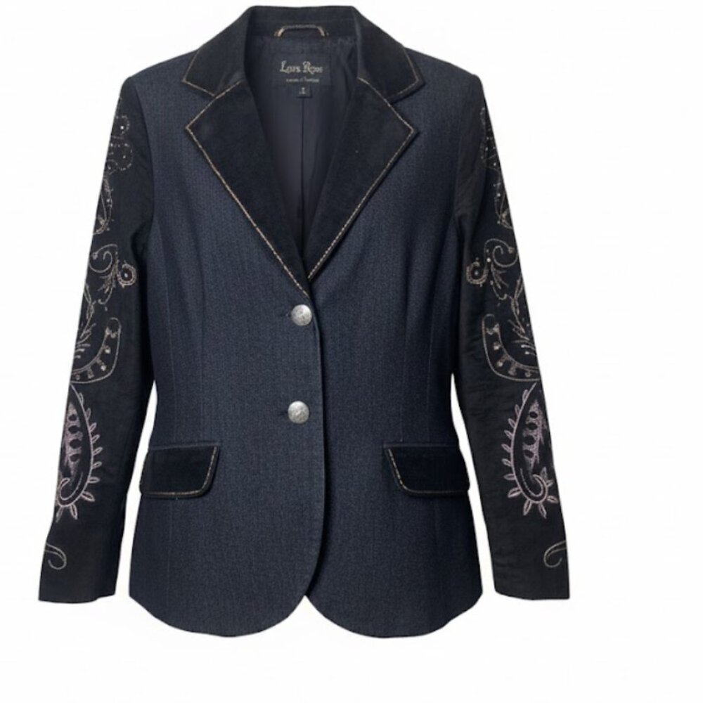 Artisan Embroidered Denim Jacket with Velour Accent
